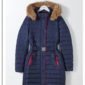 Boden Navy Alberta Puffer Coat with Faux Fur Hood